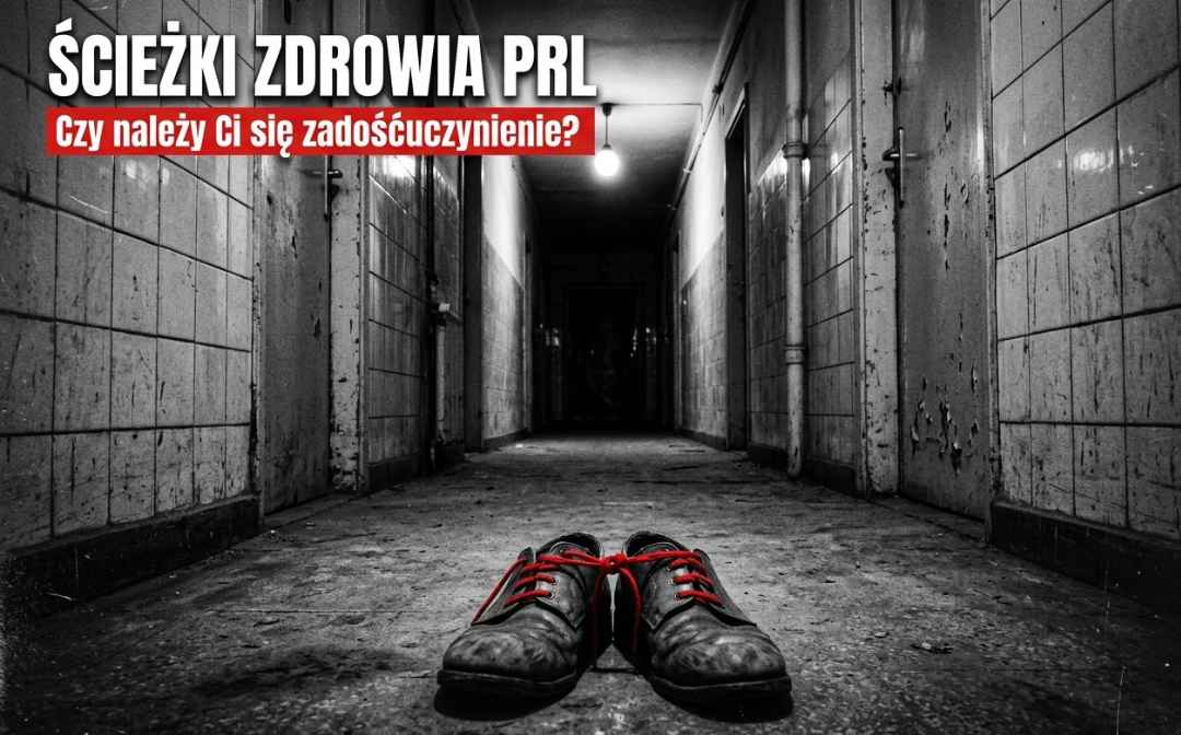 Ścieżki zdrowia PRL, ciemny korytarz komendy milicji w czerni i bieli z czerwonym akcentem